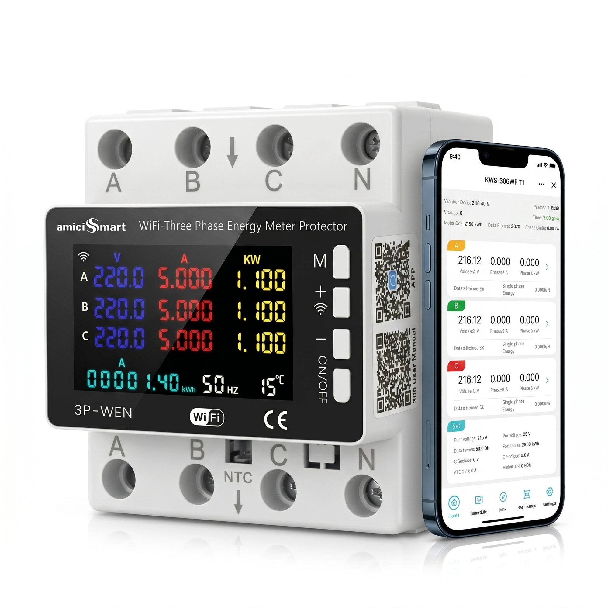 WiFi Smart Energy Meter 80A with LCD Display, App Control Over/Under Voltage Protection