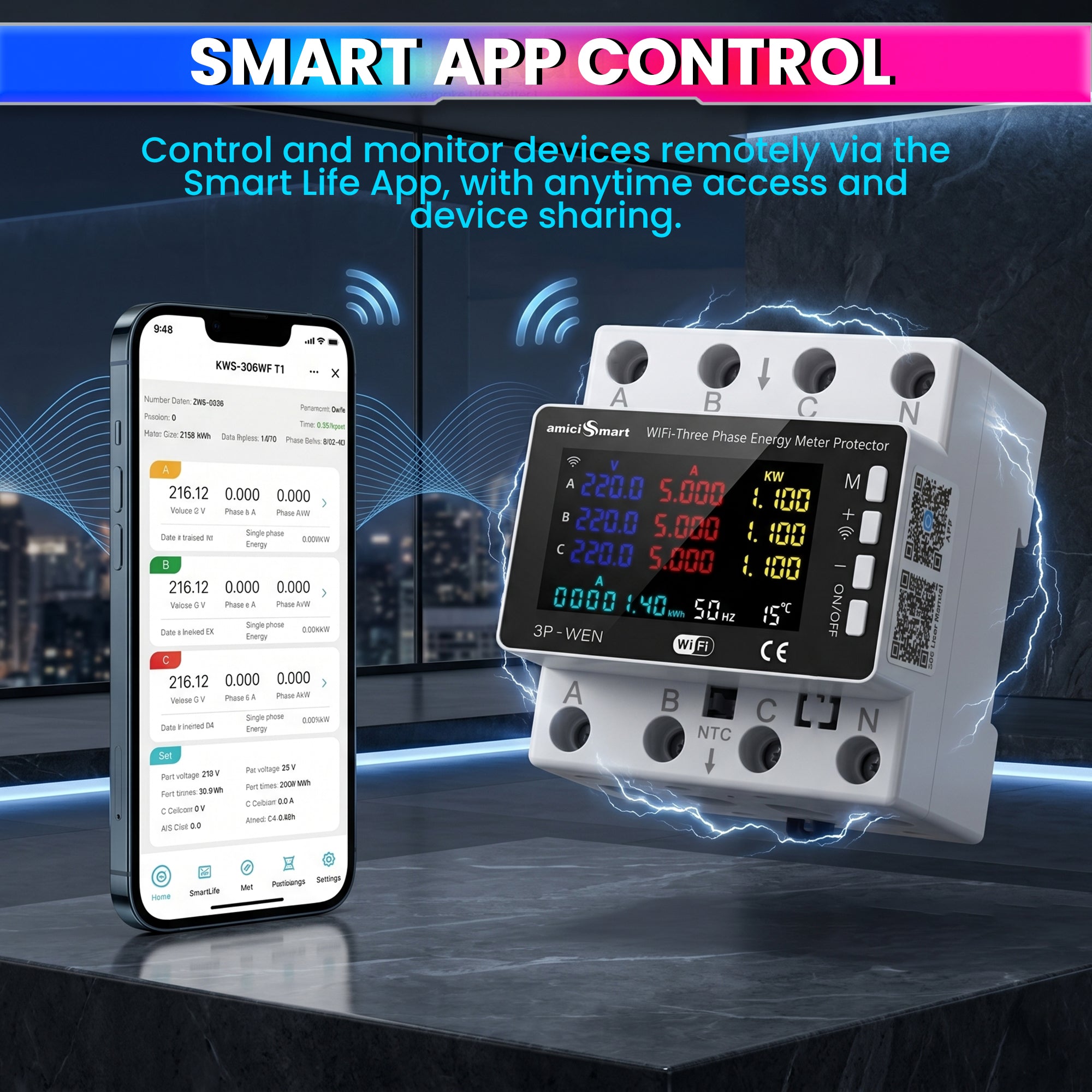 WiFi Smart Energy Meter 80A with LCD Display, App Control Over/Under Voltage Protection