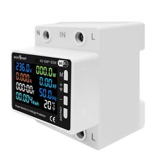 amiciSmart 63A 8-in-1 Wi-Fi energy meter, front and side view