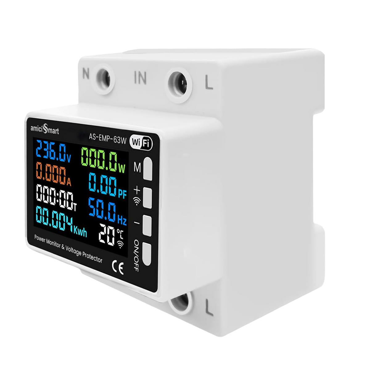 amiciSmart 63A 8-in-1 Wi-Fi energy meter, front and side view