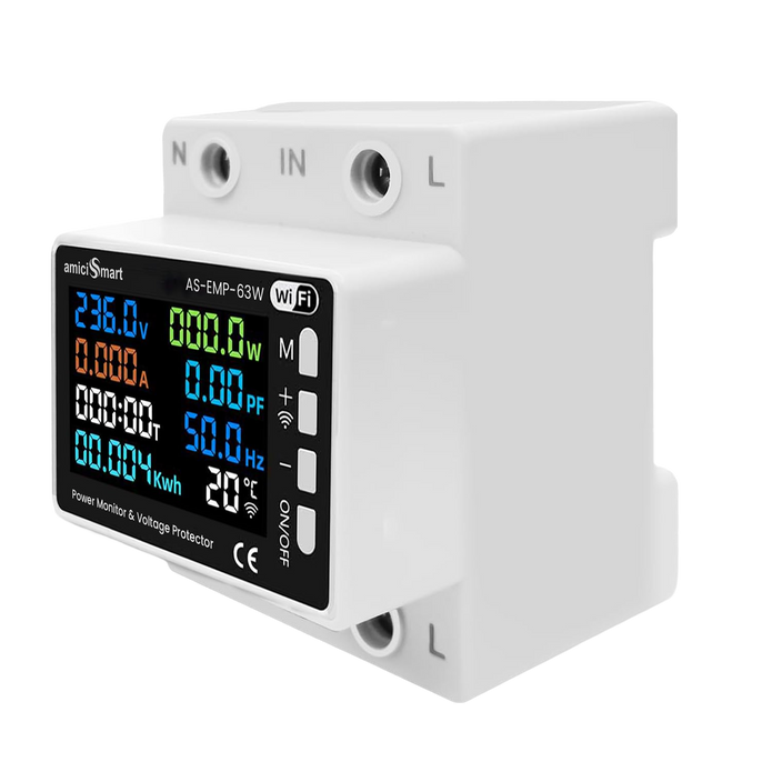 amiciSmart 63A 8-in-1 Wi-Fi energy meter, front and side view