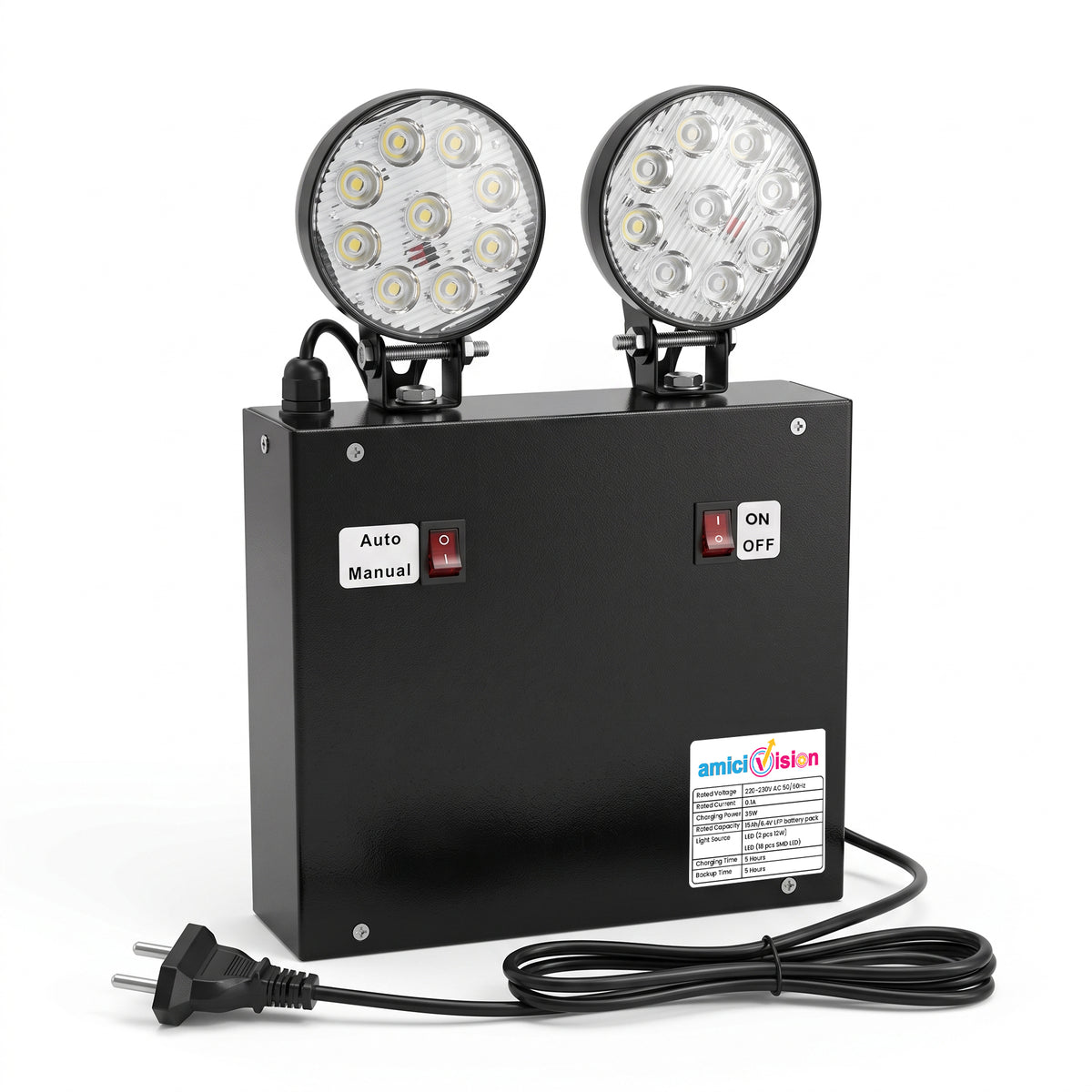 35W Industrial Emergency Light, 5-Hour Backup | 6.4V 15Ah LiFePO₄ | 2×12W LED + 18 SMD