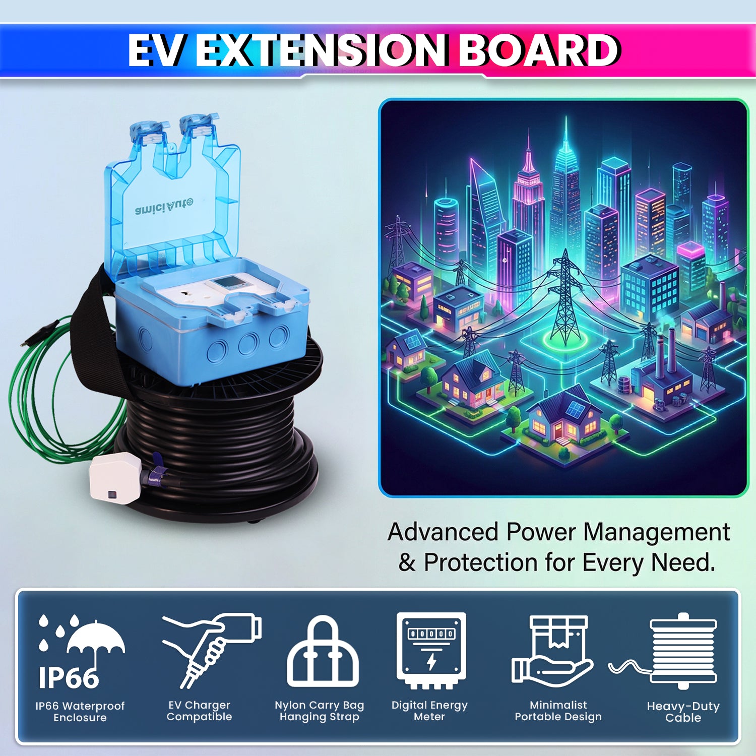 EV Charging Extension - 22M 3-Core 4 Sq mm Cable - Digital Meter - IP66 - 16A Plug
