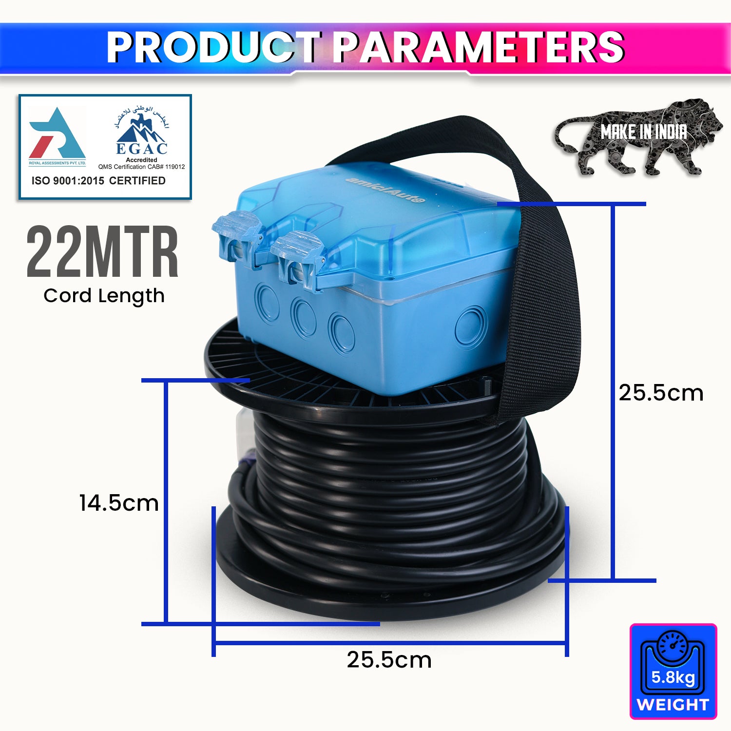 EV Charging Extension - 22M 3-Core 4 Sq mm Cable - Digital Meter - IP66 - 16A Plug