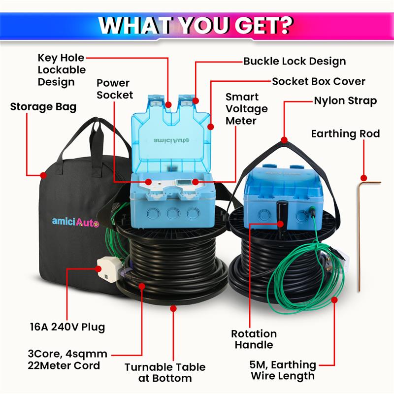 EV Charging Extension - 22M 3-Core 4 Sq mm Cable - Digital Meter - IP66 - 16A Plug