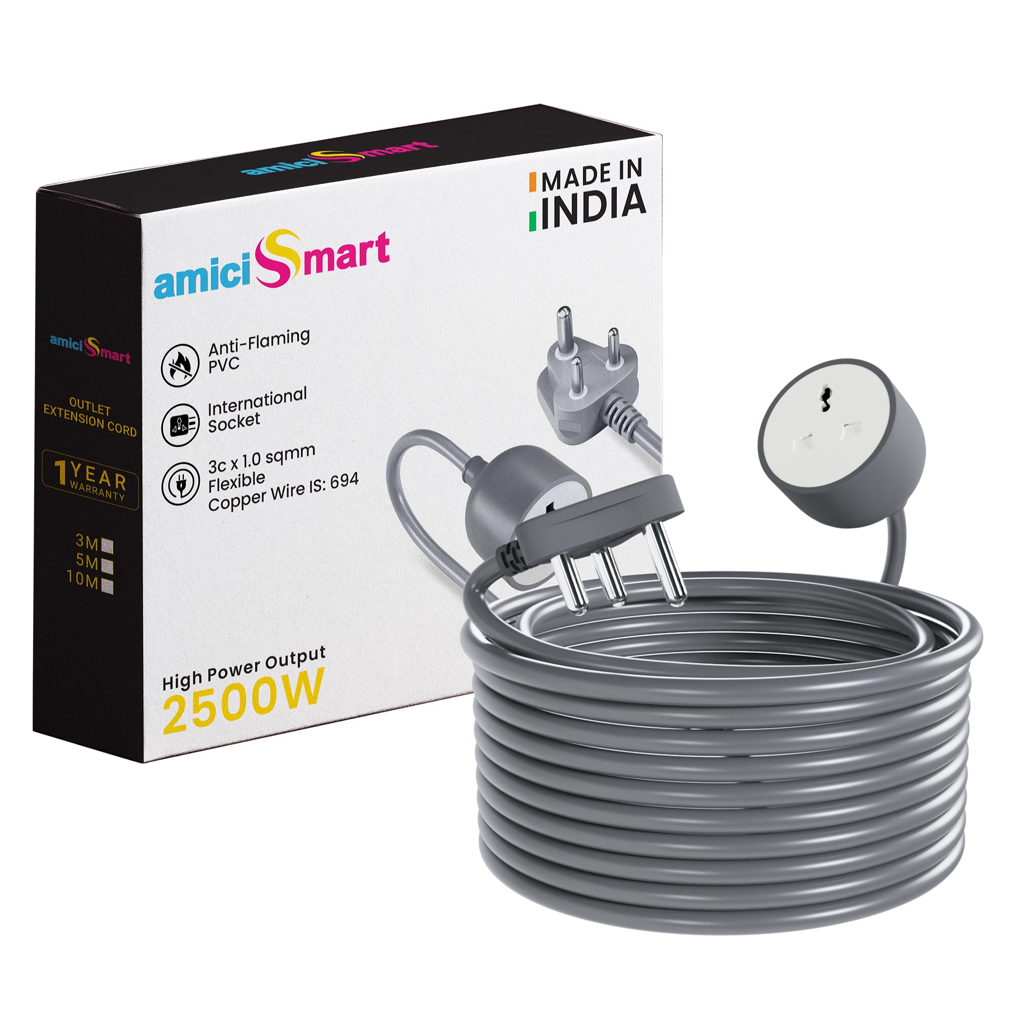 Heavy Duty 3-Pin Extension Cord with 1 Sq mm Pure Copper Wire | 10 Meter
