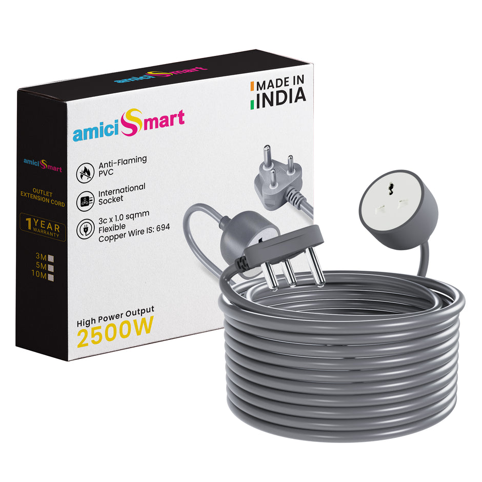 Heavy Duty 3-Pin Extension Cord with 1 Sq mm Pure Copper Wire | 10 Meter