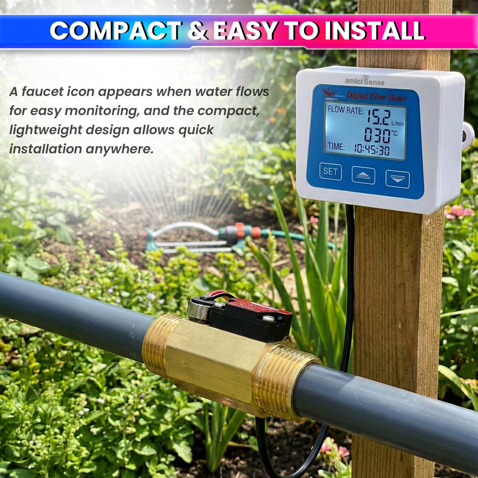 Digital Flow Meter for Water with LCD Display Real-Time Flow Rate, Temperature & Time Recording with Battery Indicator