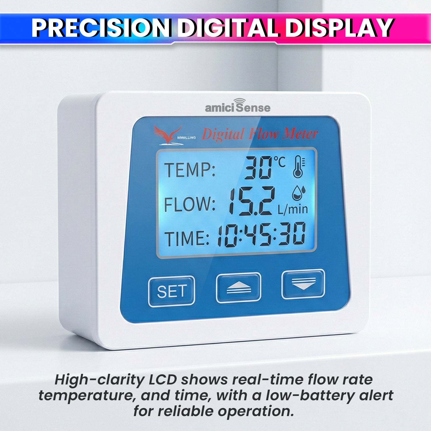 Digital Flow Meter for Water with LCD Display Real-Time Flow Rate, Temperature & Time Recording with Battery Indicator