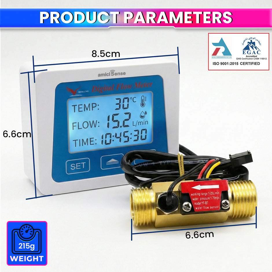 Digital Flow Meter for Water with LCD Display Real-Time Flow Rate, Temperature & Time Recording with Battery Indicator