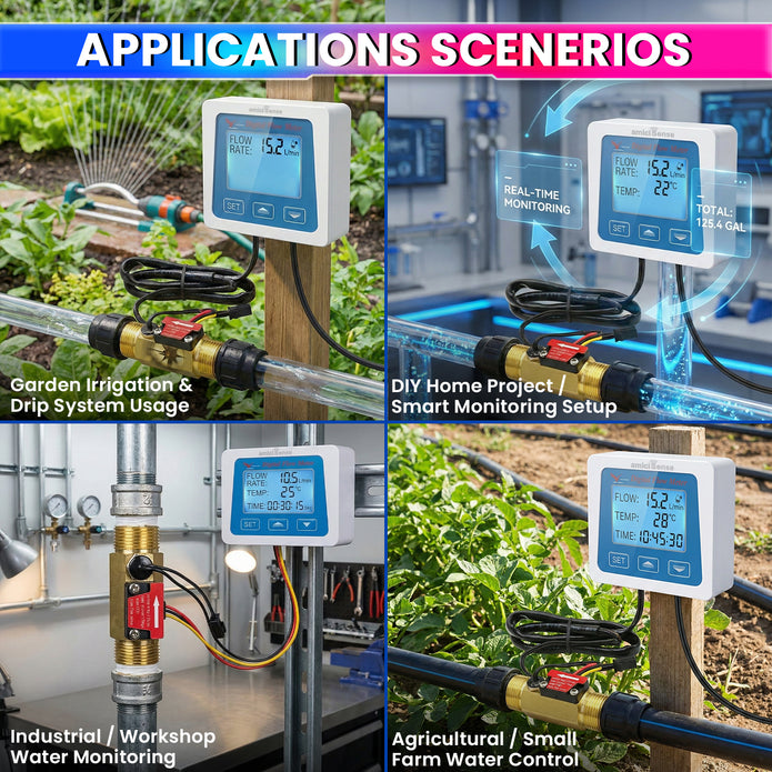 Digital Flow Meter for Water with LCD Display Real-Time Flow Rate, Temperature & Time Recording with Battery Indicator