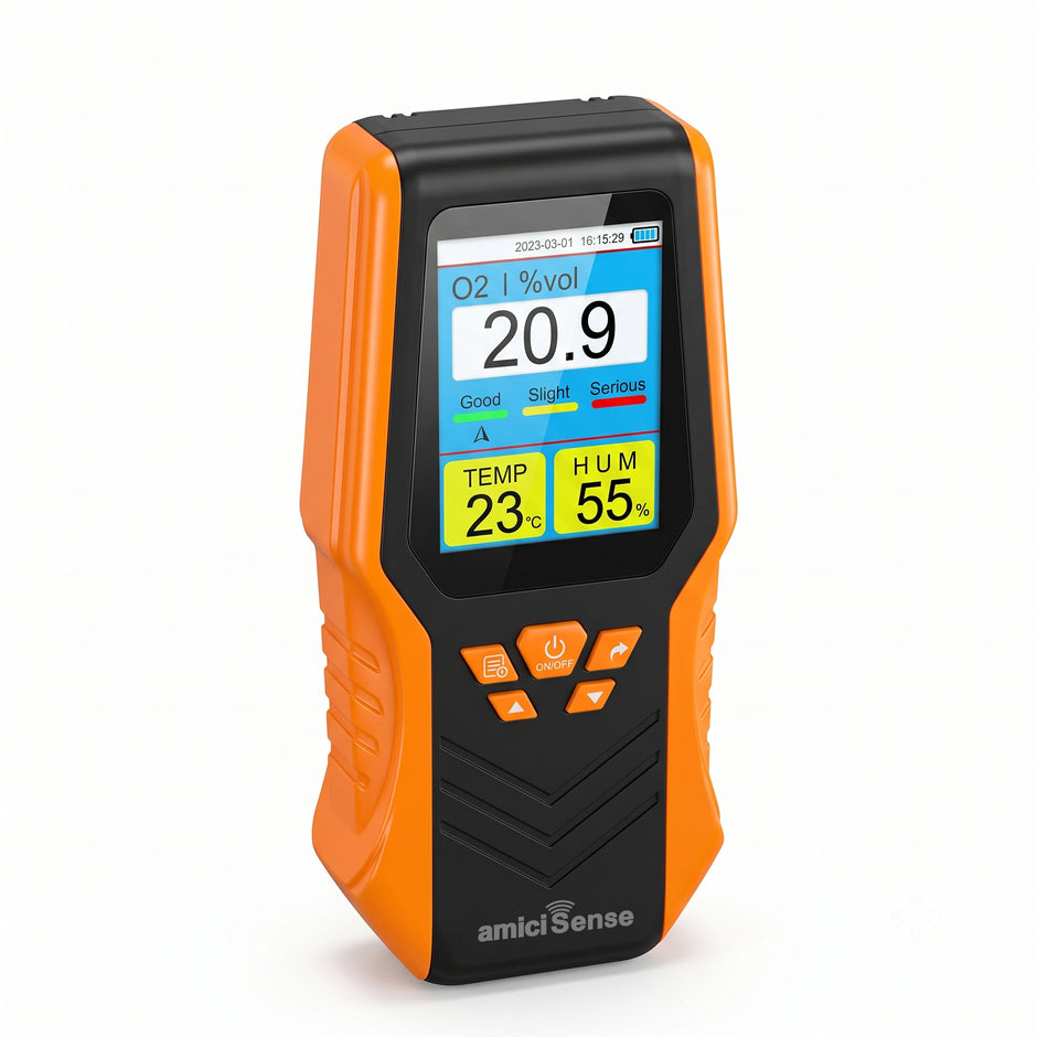 DM68A Portable Oxygen O2 Gas Analyzer with Temperature & Humidity | Audible Alarm | Rechargeable