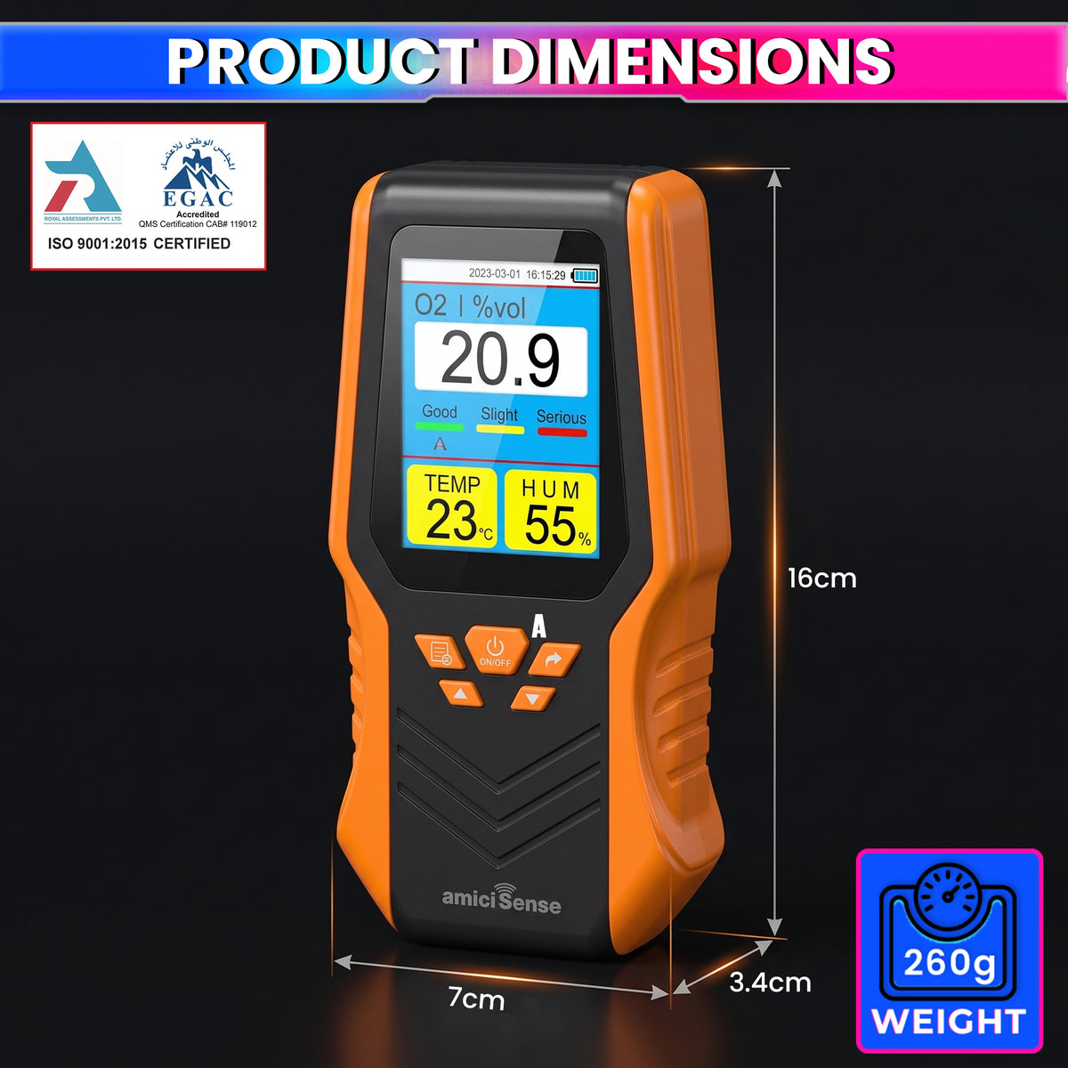 DM68A Portable Oxygen O2 Gas Analyzer with Temperature & Humidity | Audible Alarm | Rechargeable