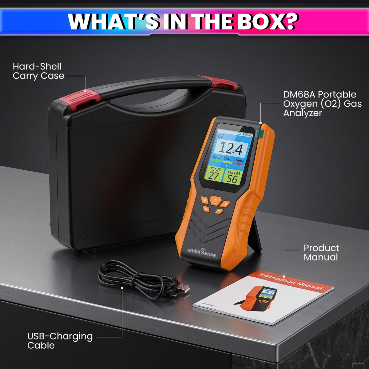 DM68A Portable Oxygen O2 Gas Analyzer with Temperature & Humidity | Audible Alarm | Rechargeable