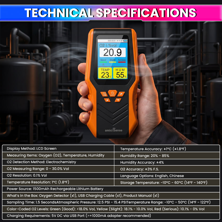 DM68A Portable Oxygen O2 Gas Analyzer with Temperature & Humidity | Audible Alarm | Rechargeable