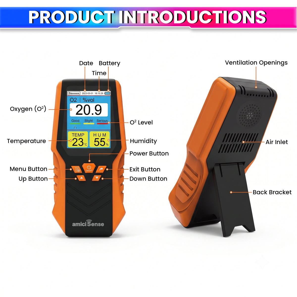 DM68A Portable Oxygen O2 Gas Analyzer with Temperature & Humidity | Audible Alarm | Rechargeable