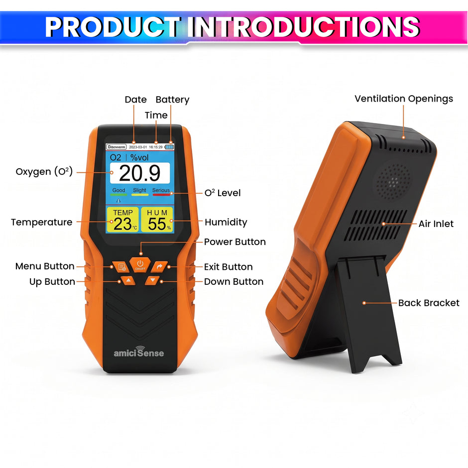 DM68A Portable Oxygen O2 Gas Analyzer with Temperature & Humidity | Audible Alarm | Rechargeable