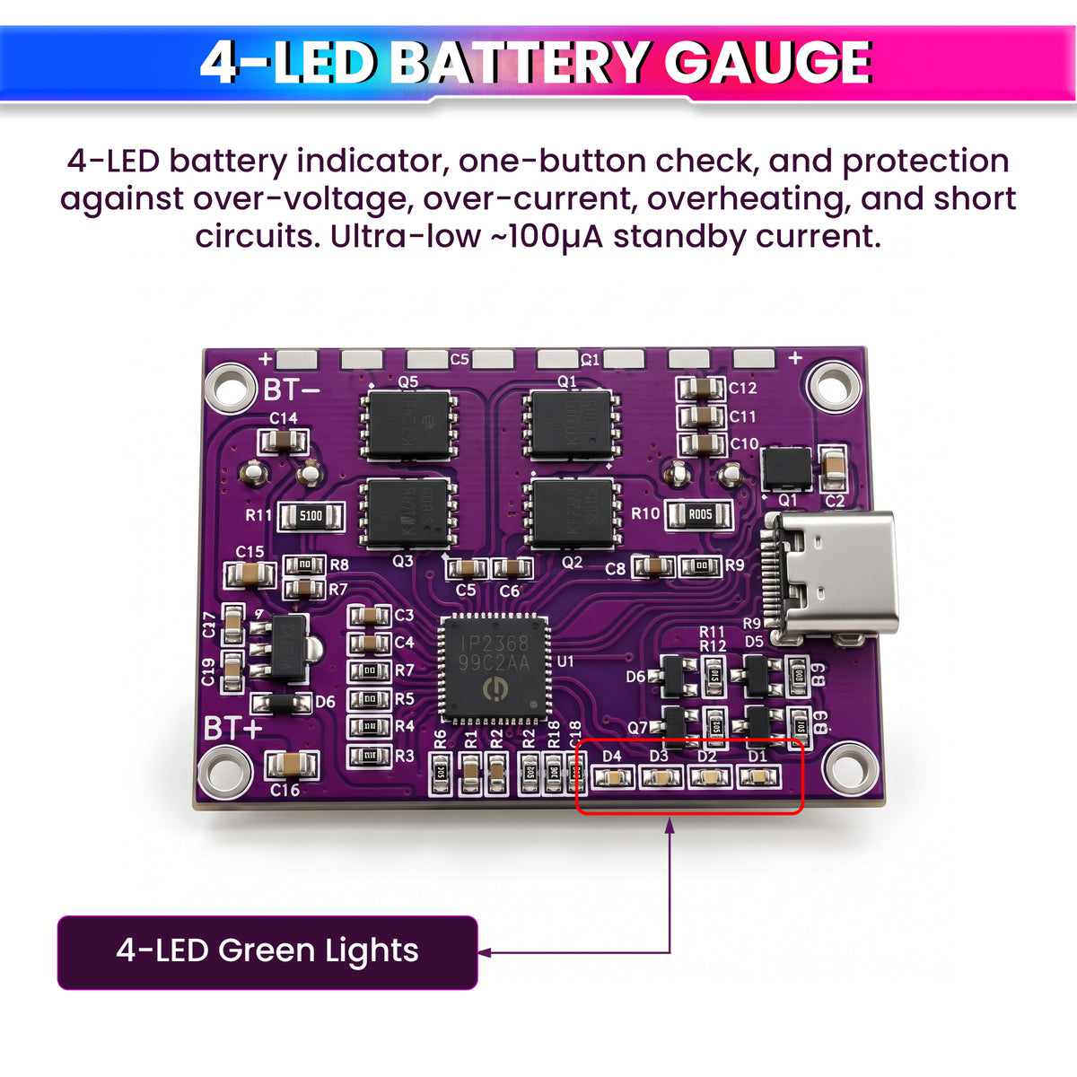 IP2368 100W Bidirectional USB-C Buck-Boost Module | 4S Li-ion/Li-Po | PD/QC Fast Charging