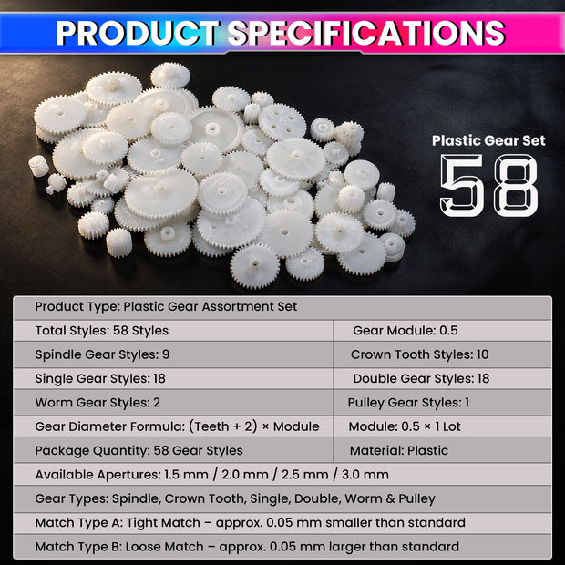 58-Piece 0.5 Module Plastic Gear Set | Spur, Double, Crown, Worm & Pulley Gears | 1.5/2/2.5/3mm Bore | DIY & Robotics Projects