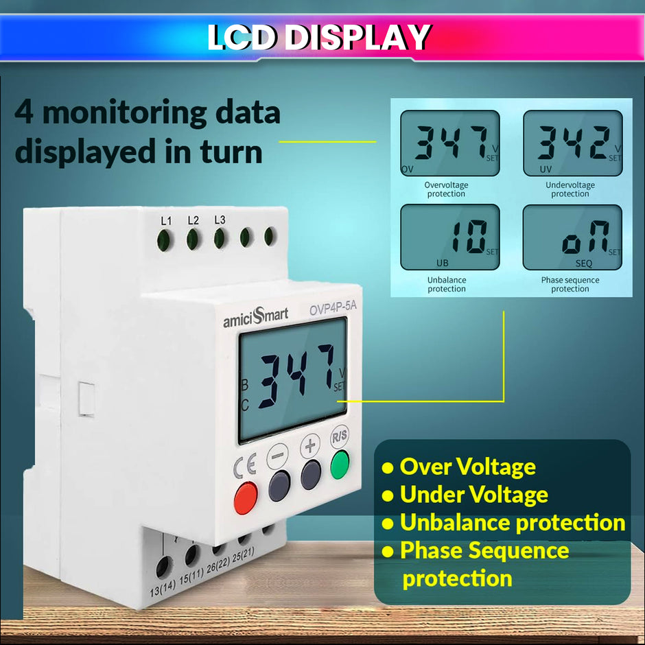 3-Phase Over/Under Voltage Protection Relay 300–500V with LCD Display