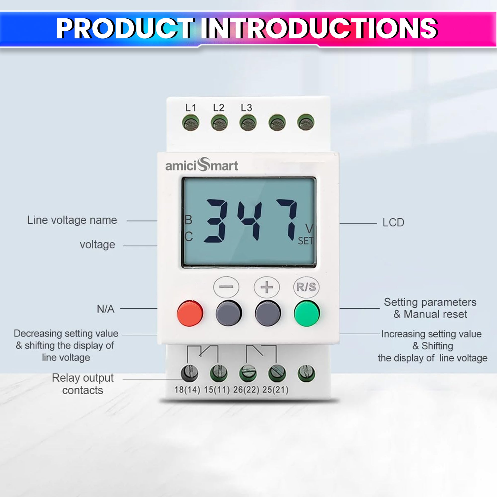 3-Phase Over/Under Voltage Protection Relay 300–500V with LCD Display