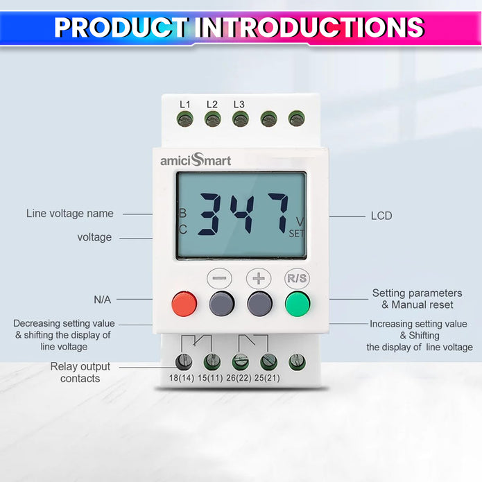 3-Phase Over/Under Voltage Protection Relay 300–500V with LCD Display