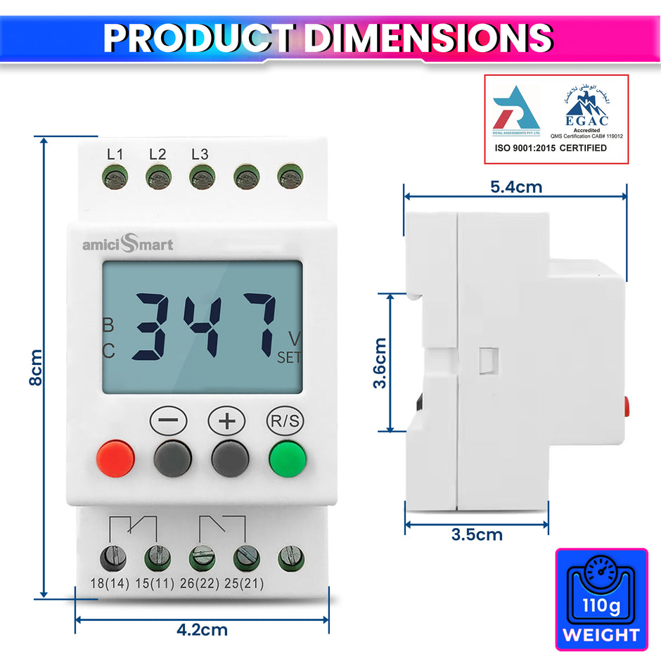3-Phase Over/Under Voltage Protection Relay 300–500V with LCD Display