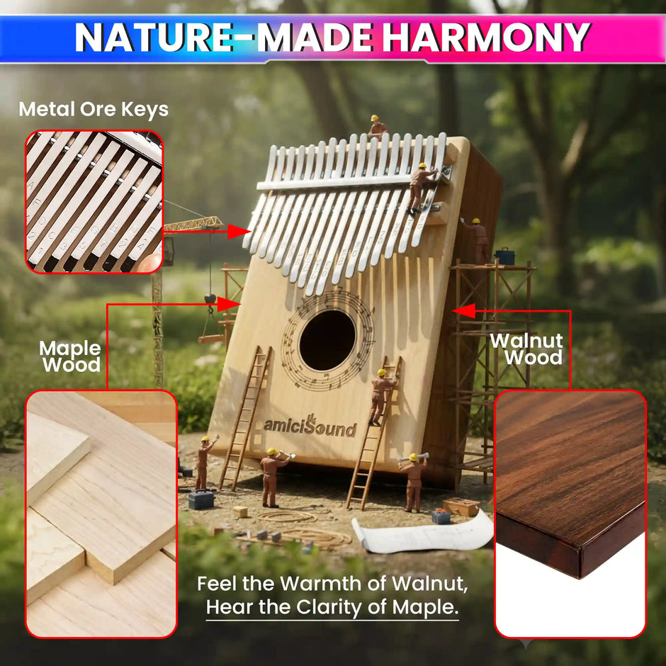 17-Key Kalimba Thumb Piano Maple + Walnut Dual-Tone Wood Wedge Bass Design Soft-Touch Keys