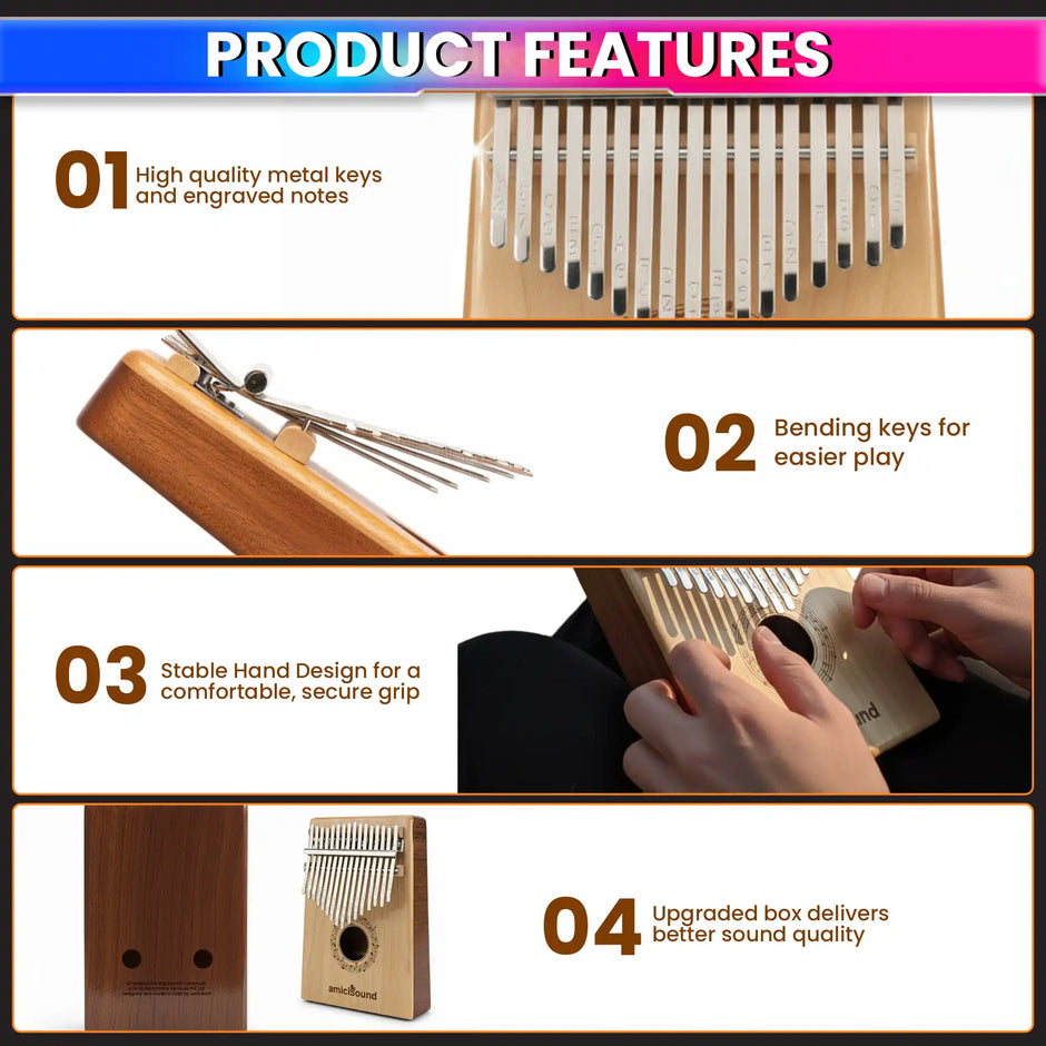 17-Key Kalimba Thumb Piano Maple + Walnut Dual-Tone Wood Wedge Bass Design Soft-Touch Keys