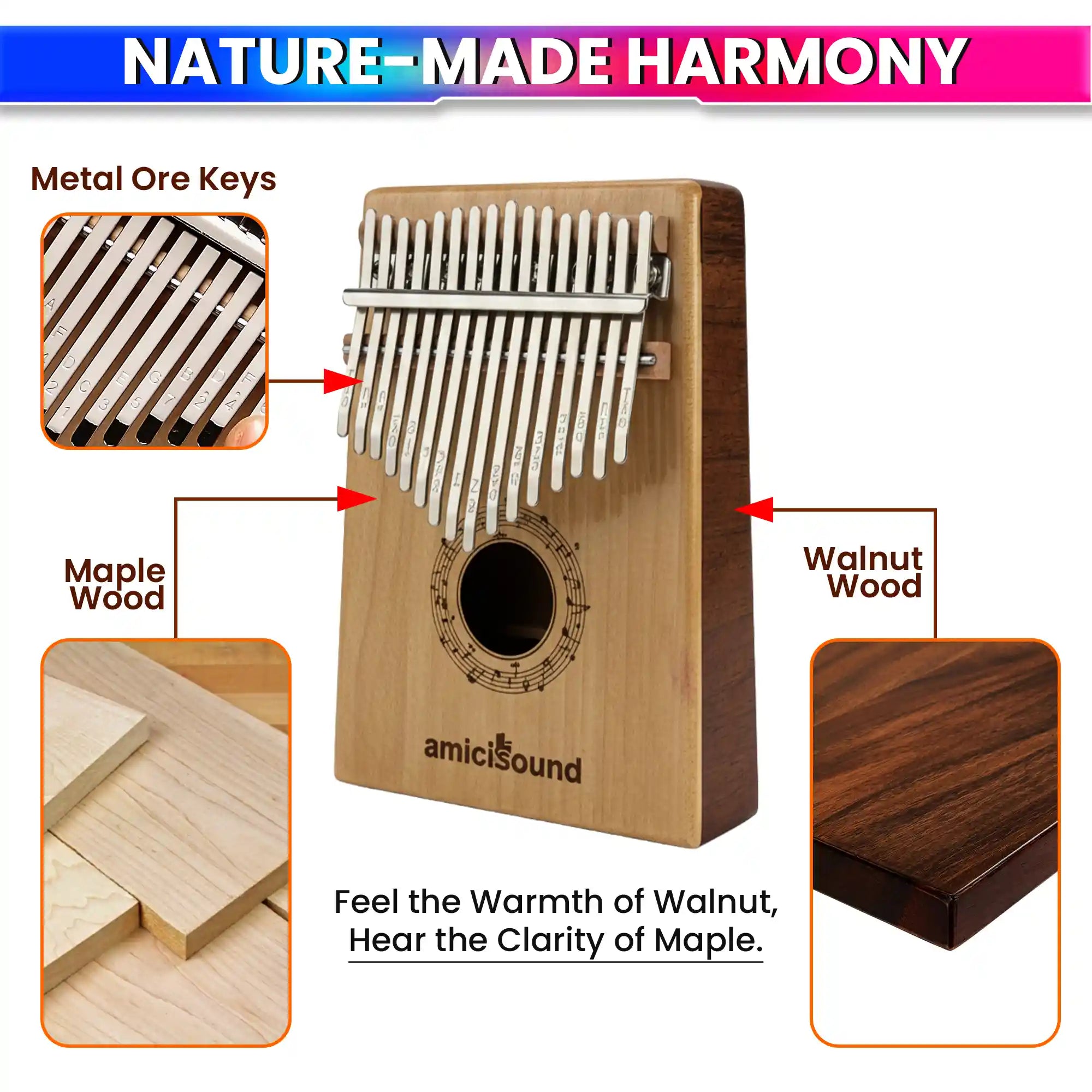 17-Key Kalimba Thumb Piano Maple + Walnut Dual-Tone Wood Wedge Bass Design Soft-Touch Keys