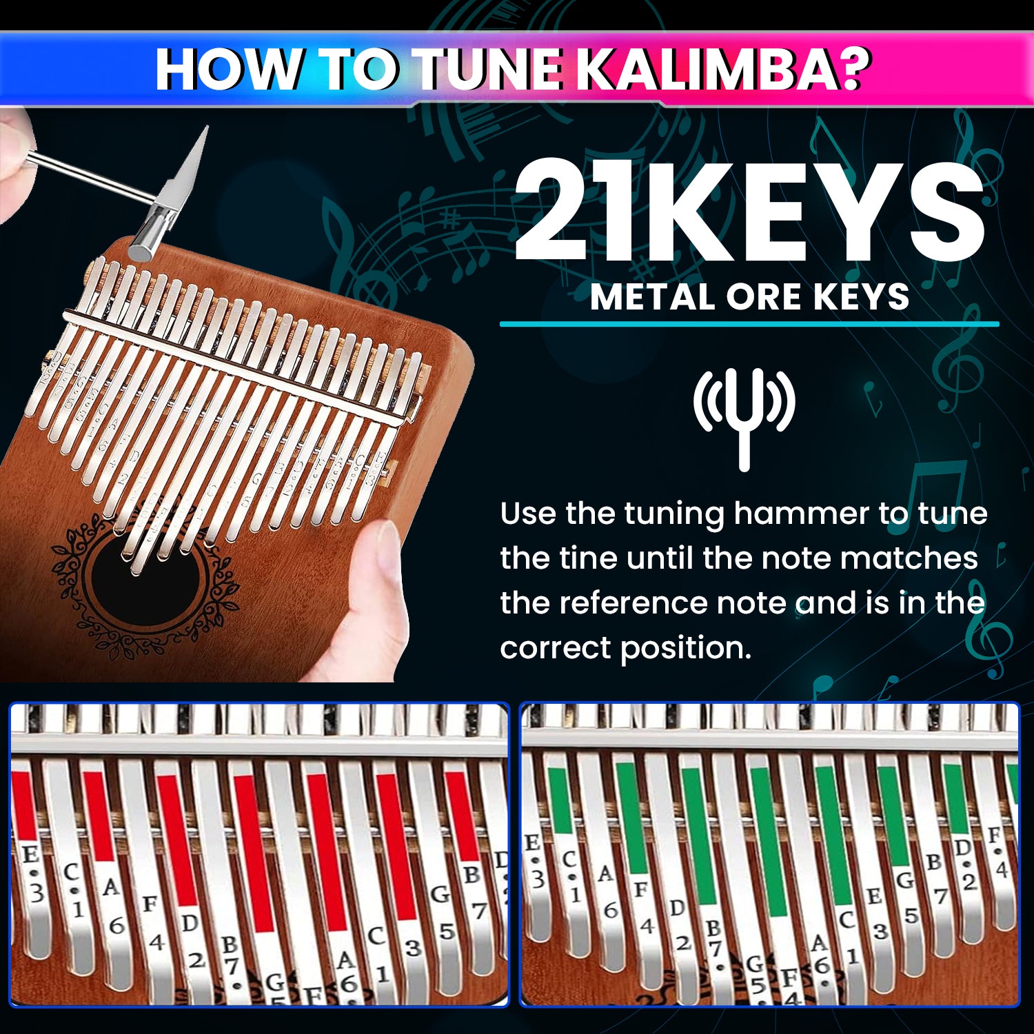 Thumb Piano, Musical Instrument Kalimba with Engraved Notes and Tuning Hammer