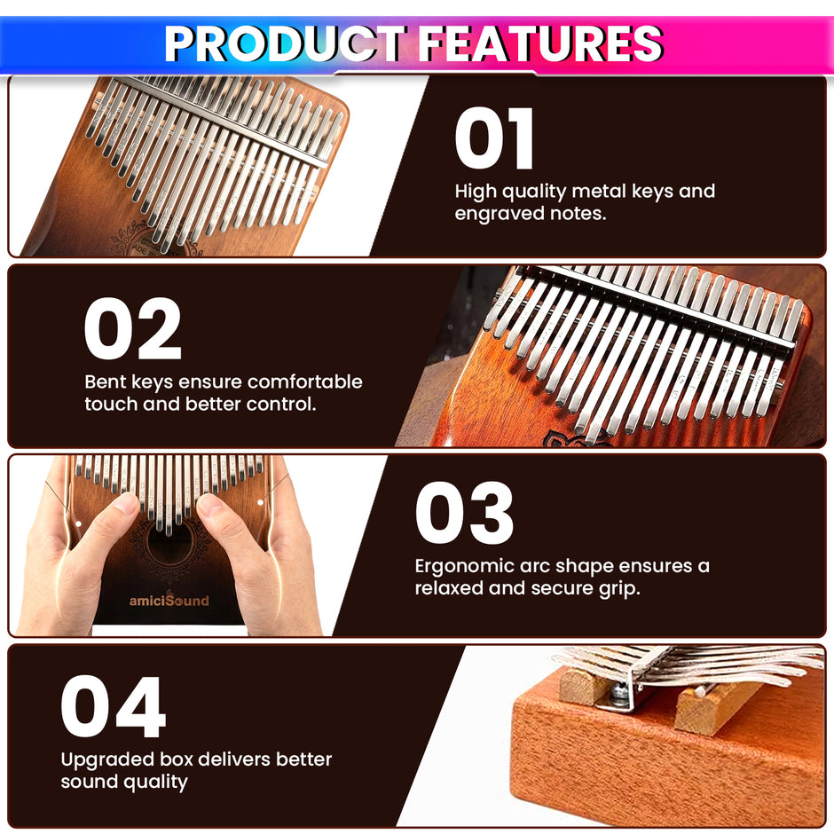 Thumb Piano, Musical Instrument Kalimba with Engraved Notes and Tuning Hammer