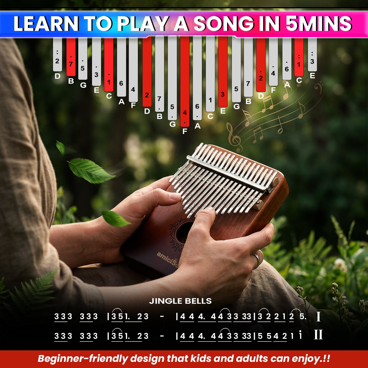 Thumb Piano, Musical Instrument Kalimba with Engraved Notes and Tuning Hammer