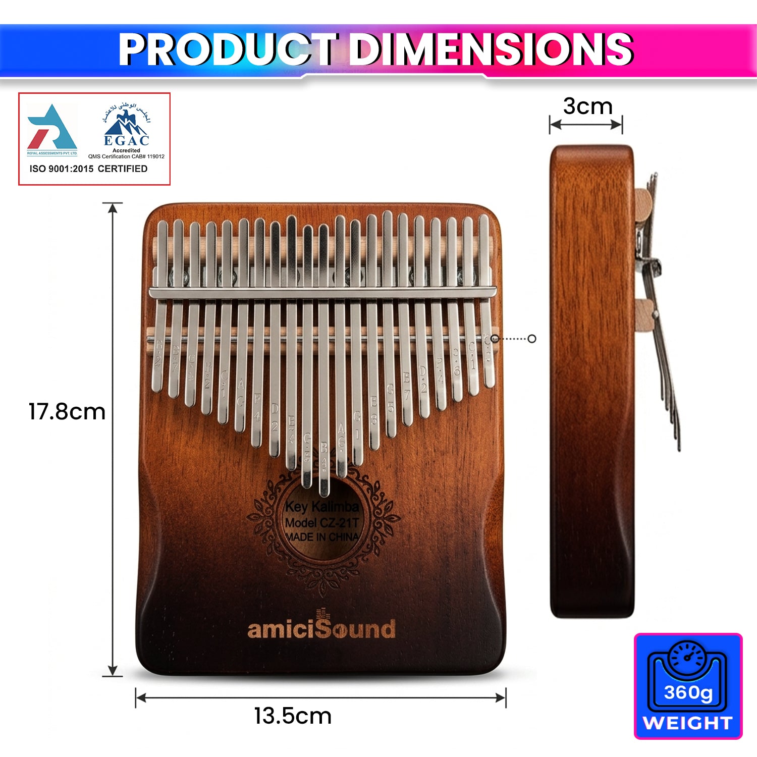 Thumb Piano, Musical Instrument Kalimba with Engraved Notes and Tuning Hammer