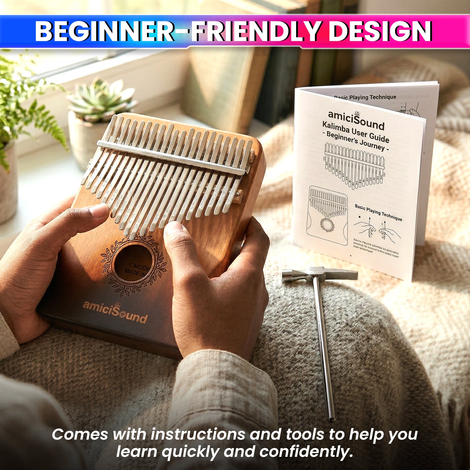 Thumb Piano, Musical Instrument Kalimba with Engraved Notes and Tuning Hammer