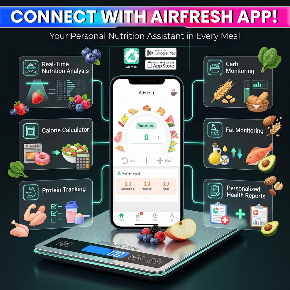 Smart Nutrition Kitchen Scale with AiFresh App | Digital Food Scale, 1g Precision, 15kg Capacity | Calorie & Macro Tracker