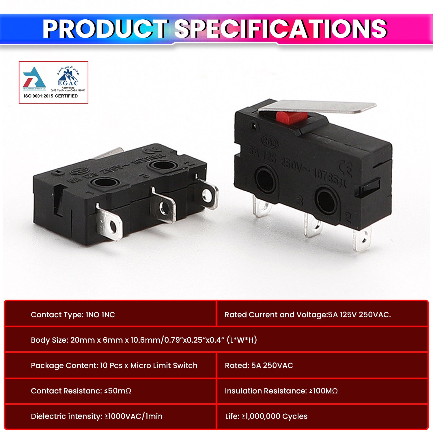 Pack of 10 Micro Limit Switches 5A 250V AC, 3-Pin SPDT (1NO + 1NC) Compact Black Limit Switch