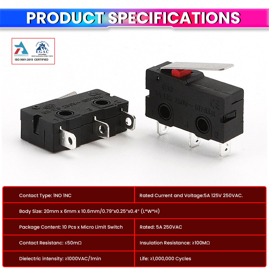 Pack of 10 Micro Limit Switches 5A 250V AC, 3-Pin SPDT (1NO + 1NC) Compact Black Limit Switch