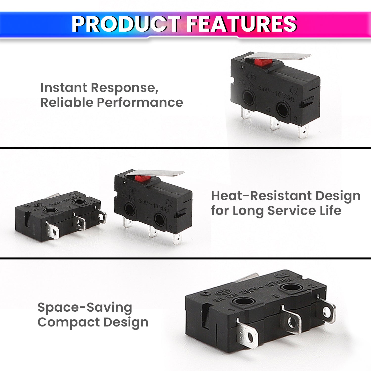 Pack of 10 Micro Limit Switches 5A 250V AC, 3-Pin SPDT (1NO + 1NC) Compact Black Limit Switch
