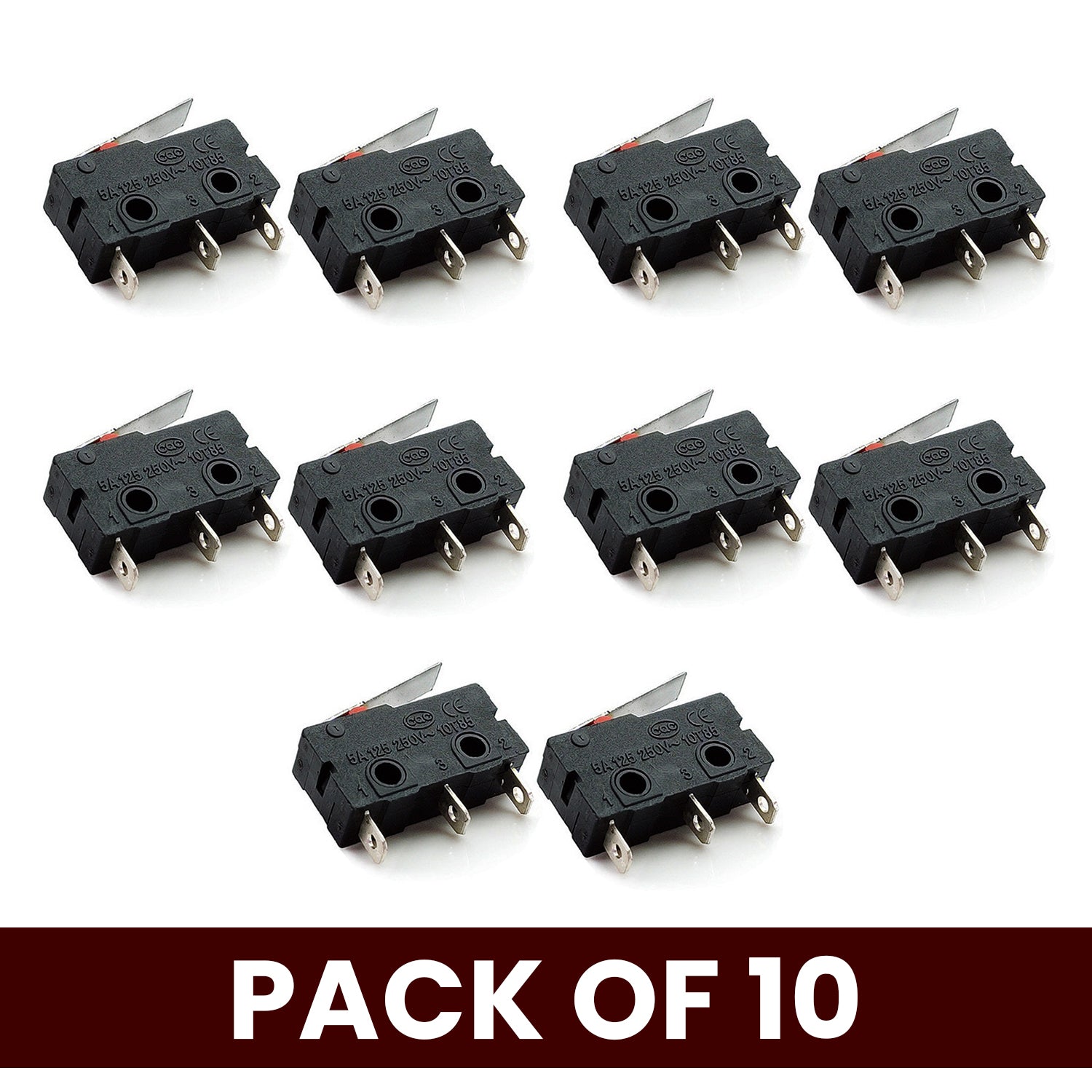 Pack of 10 Micro Limit Switches 5A 250V AC, 3-Pin SPDT (1NO + 1NC) Compact Black Limit Switch