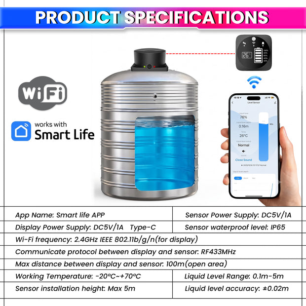 WiFi Smart Water Tank Level Monitor with App Alerts |  IP65 Waterproof Sensor