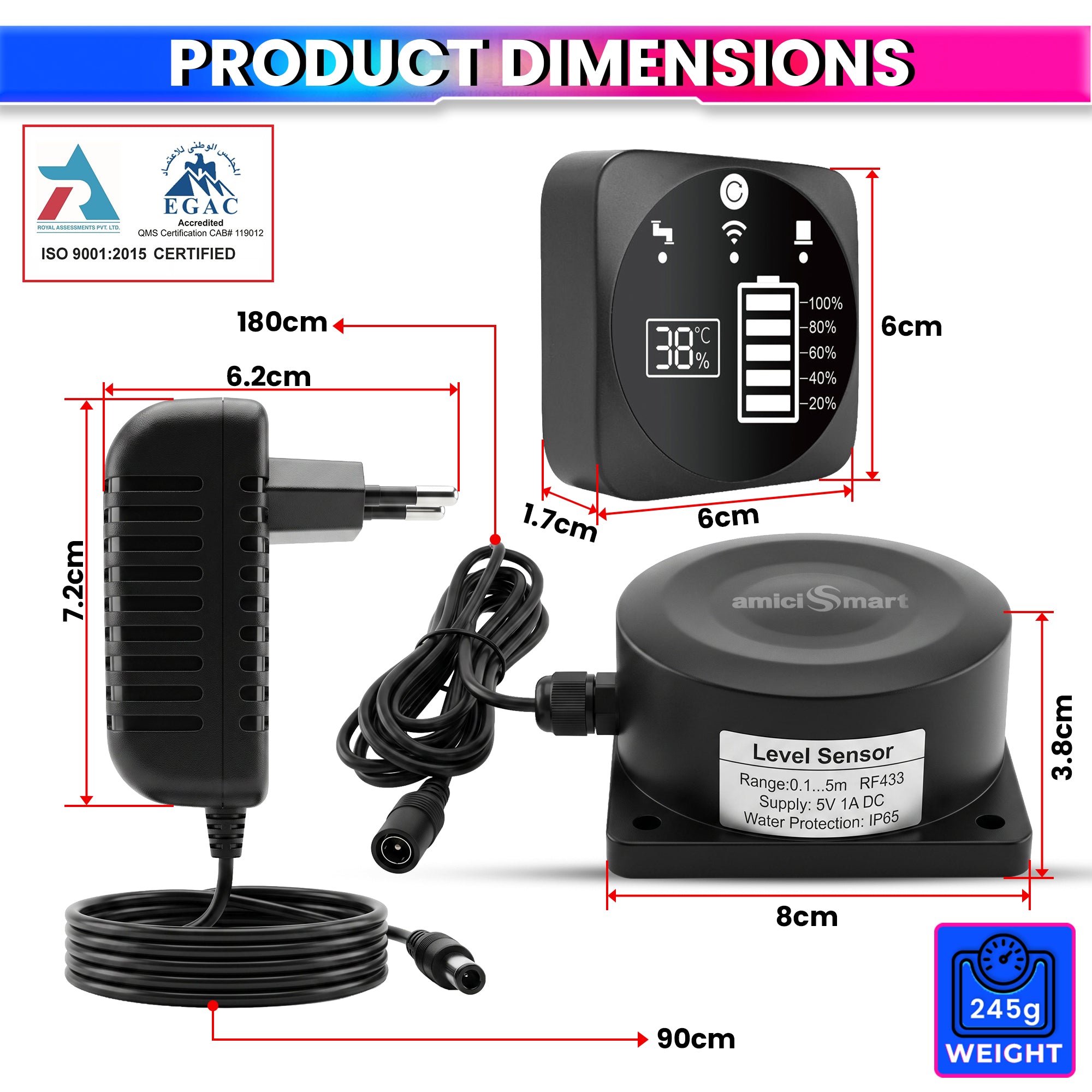 WiFi Smart Water Tank Level Monitor with App Alerts |  IP65 Waterproof Sensor