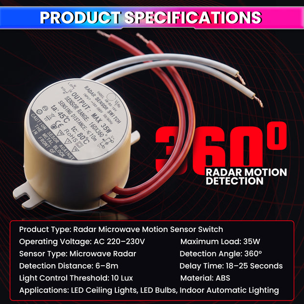 220V 35W Microwave Radar Motion Sensor Switch , 10 Lux Daylight Sensor for Automatic LED Ceiling Lights
