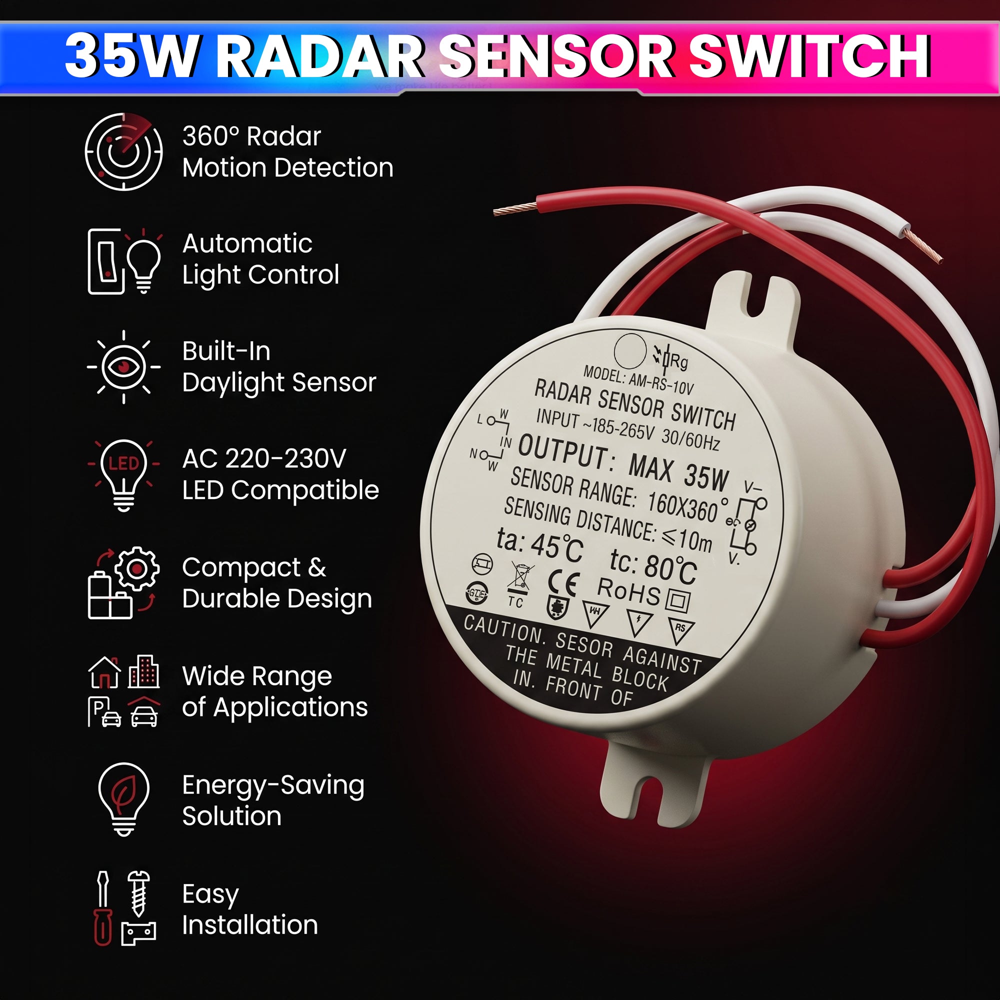 220V 35W Microwave Radar Motion Sensor Switch , 10 Lux Daylight Sensor for Automatic LED Ceiling Lights