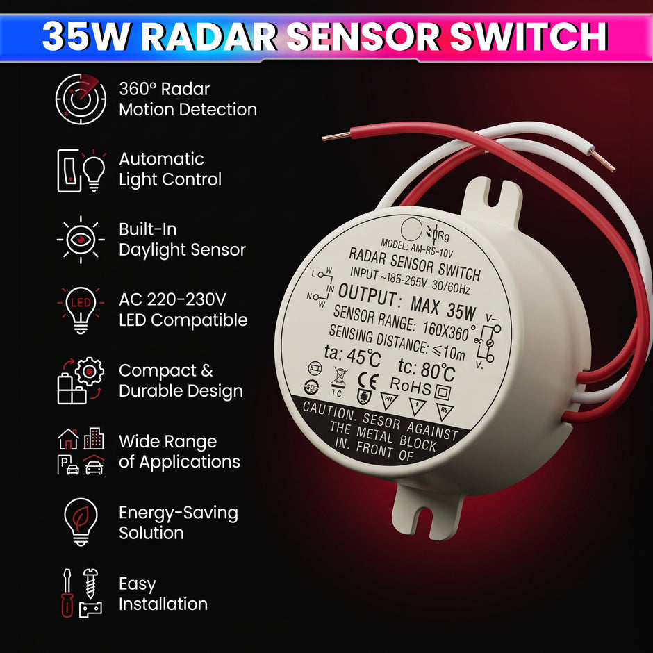 220V 35W Microwave Radar Motion Sensor Switch , 10 Lux Daylight Sensor for Automatic LED Ceiling Lights