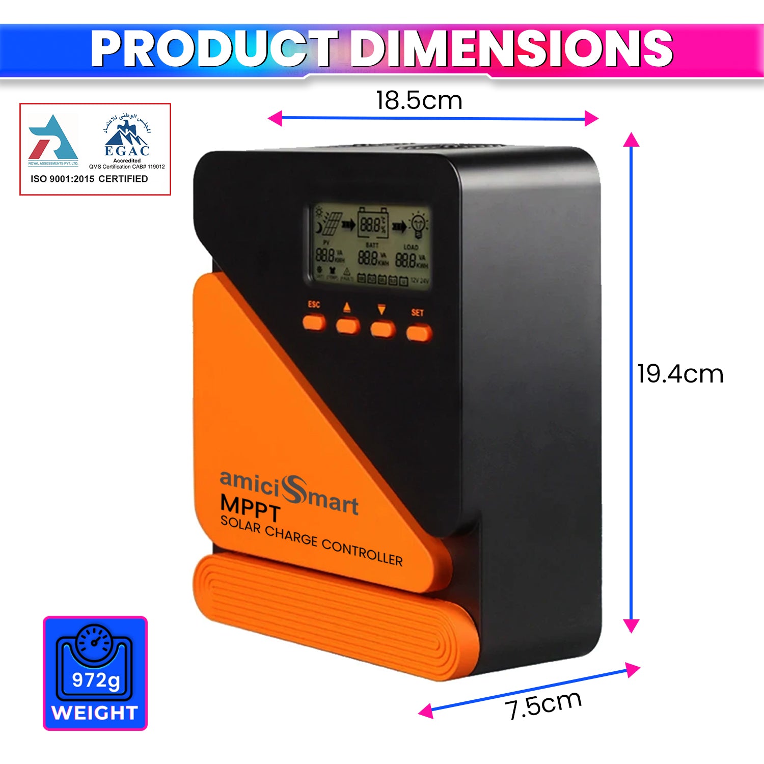 40A True MPPT Solar Charge Controller with Battery Regulator, 5V/3A USB Port & LCD Monitoring Display 12V/24V