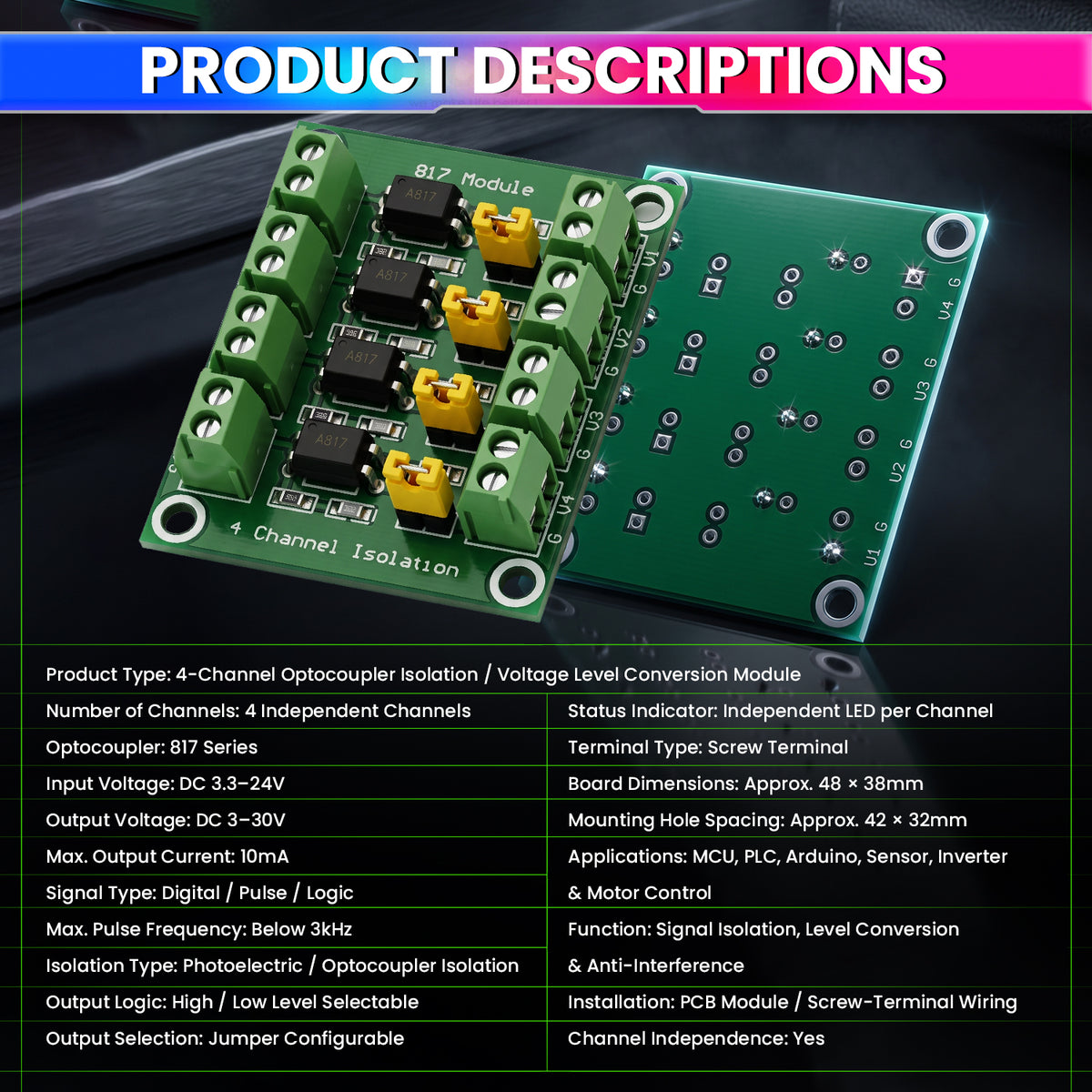 4-Channel Optocoupler Isolation & Level Converter Module, 3.3–24V Input to 3–30V Output