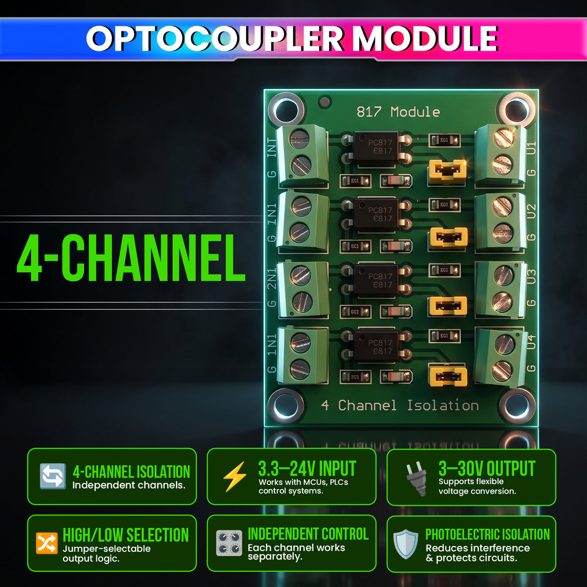 4-Channel Optocoupler Isolation & Level Converter Module, 3.3–24V Input to 3–30V Output