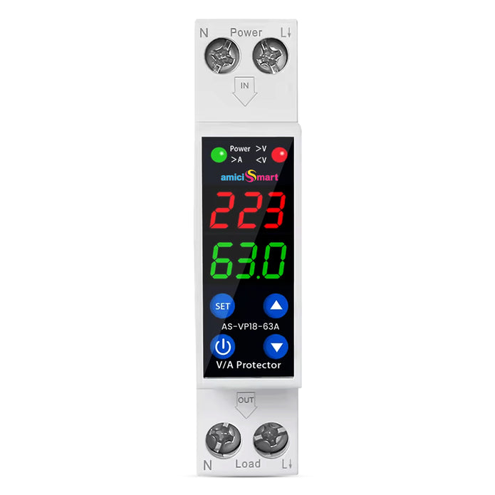 63A 18mm Digital Voltage Protector | Dual Display | Auto Recovery | 230VAC (13.8kW)