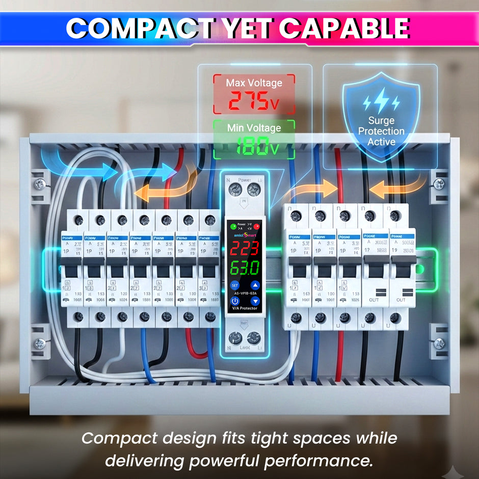 63A 18mm Digital Voltage Protector | Dual Display | Auto Recovery | 230VAC (13.8kW)